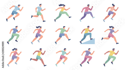 Diverse runners flat illustration, fitness concept, active lifestyle