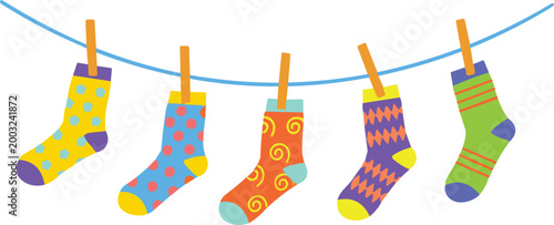Colorful socks hanging on clothesline, playful laundry illustration with patterns, home washing and drying concept