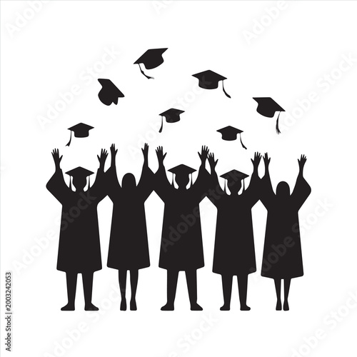 A smiling business woman with an umbrella joins a group of young university students in black graduation caps and gowns celebrating their academic achievement and degree success