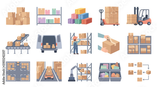 Logistics, Warehousing and Delivery Flat Vector Illustrations Set for Shipping and Inventory