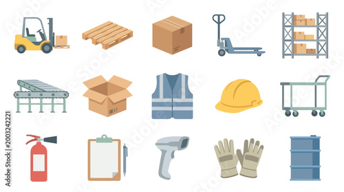Warehouse and Logistics Icons: Forklift, Pallet, Boxes, Safety Gear, Conveyor