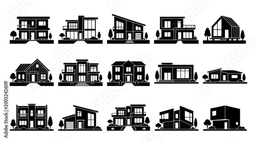 Real Estate Houses Collection: Modern  Traditional Black and White Glyph Icons Set