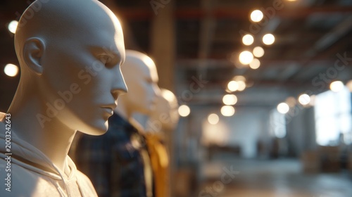 Mannequin head closeup in retail store with blurred background and bright lights for fashion display and visual merchandising concept.