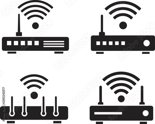 Detailed black and white flat vector illustration collection of wireless router silhouettes featuring wifi signals representing internet connectivity and home networking.