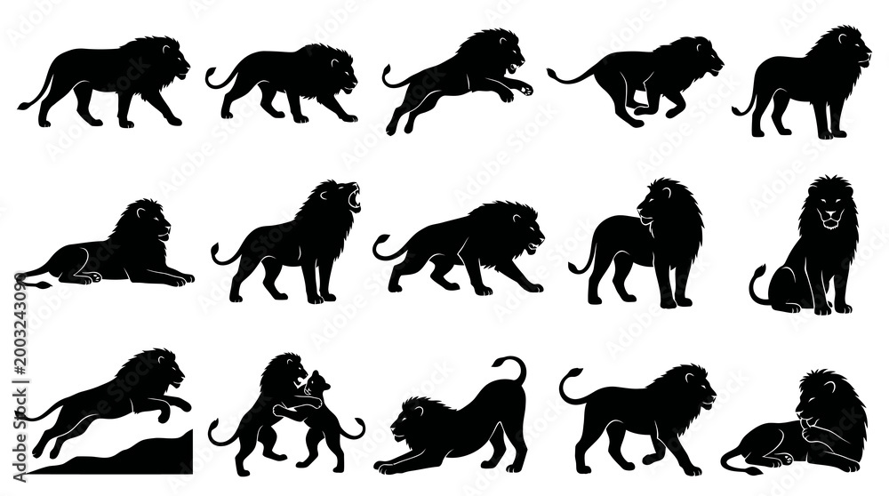Fototapeta premium Lion Silhouettes Set Vector Black and White Wild Animal Collection