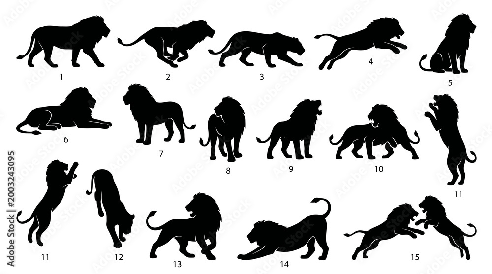 Fototapeta premium Black and White Lion Silhouettes Vector Set - Animal Icons