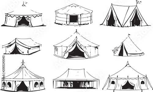 Hand drawn tent set featuring various traditional and vintage shelters for camping and outdoor activities. Vintage Outdoor Shelter Vector Set