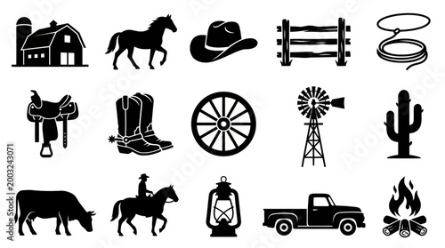 Western Cowboy Vector Icons: Barn, Horse, Hat, Boots, Cactus, Truck, Farm