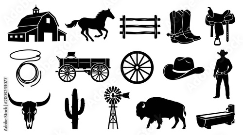 Western Cowboy Icons Silhouette Black  White Vector Barn Horse Wagon