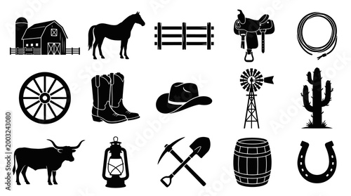 Western Cowboy Icons: Barn, Horse, Boots, Hat, Cactus, Saddle, Rodeo - Black  White Glyph