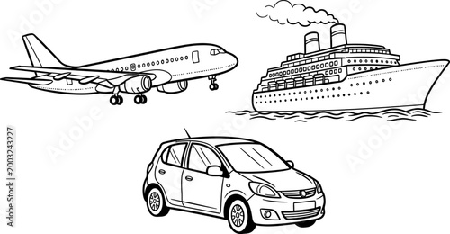 Transport plane ship car doodle sketch vector illustration black and white on white background 