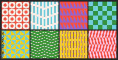 Abstract geometric seamless patterns set. Trendy colorful backgrounds with ellipses, zig zag, triangles, checkered print. Vintage colorful design for textile, wrapping paper, fabric, print, wallpaper