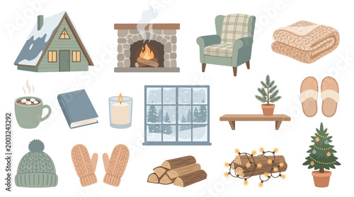 Cozy Winter Scene Vector Icons: Cabin, Fireplace, Armchair, Snow