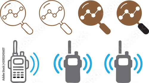 Data analysis magnifier and walkie talkie communication icons set, flat vector symbols for research, analytics, wireless connection and technology