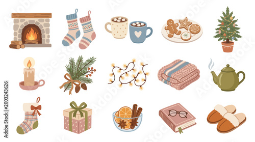 Cozy Christmas Holiday Icons Set Flat Style Vector Art