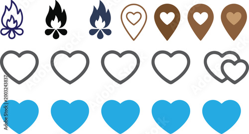 Heart shapes, love location pins and fire icons set, flat vector symbols for romance, passion, map markers and design elements