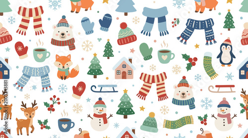 Cute Winter Christmas Animals and Accessories Flat Vector Pattern
