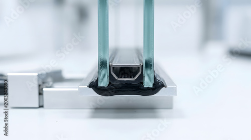 Close-up Cross Section of Double Glazing Window Unit | Insulated Glass Production and Energy Efficiency | Spacer Bar with Sealant Detail | Building Materials | Industrial Engineering and Technology