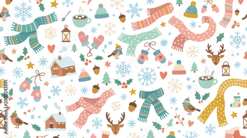 Seamless Winter Pattern: Cute Scarves, Mittens, Houses, Birds, Snowflakes - Flat Style