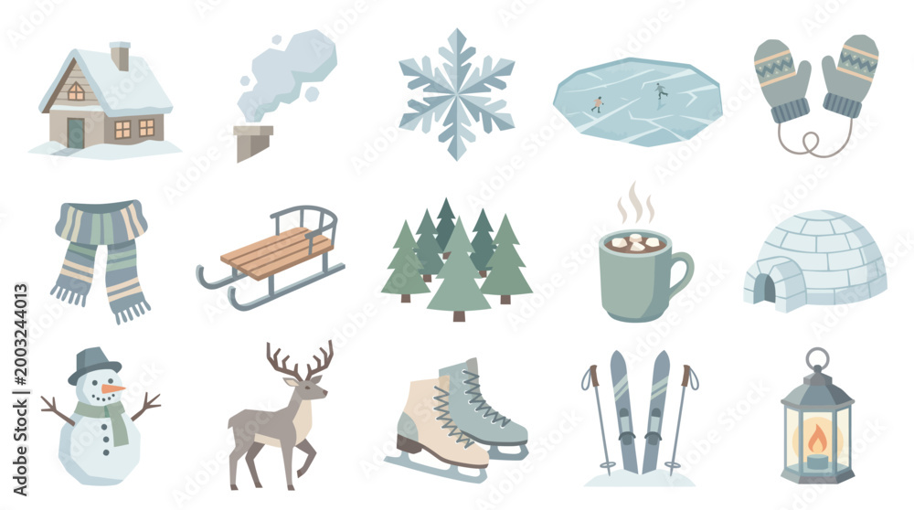 Fototapeta premium Winter Seasonal Flat Icons Collection. Holiday Elements, Outdoor Activities Christmas Objects Set
