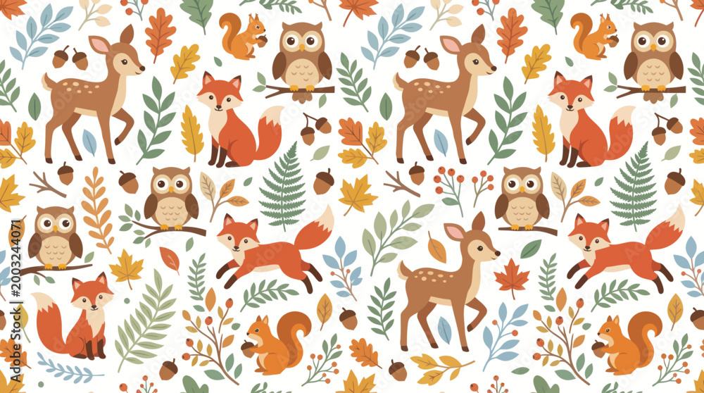 Obraz premium Autumn Forest Animals Seamless Pattern Flat Vector Illustration