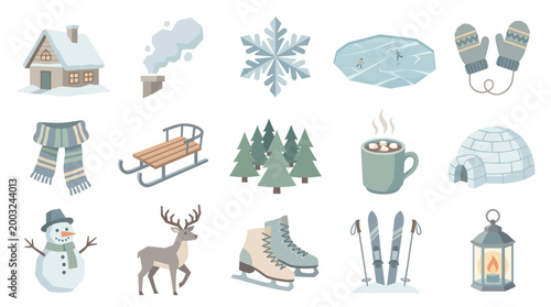 Winter Seasonal Flat Icons Collection. Holiday Elements, Outdoor Activities  Christmas Objects Set