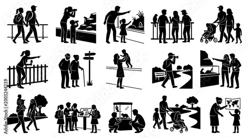 Zoo and Museum Visit Black  White Silhouette Glyph Icons for Family Tourism Scenes