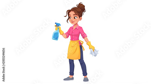 3d cartoon housekeeper woman cleaning with spray bottle isolated on transparent background
