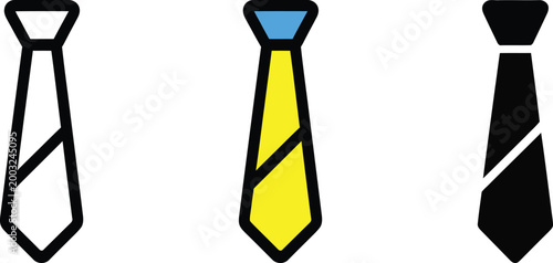 Necktie icon set. Formal business tie symbol in outline, flat and solid style