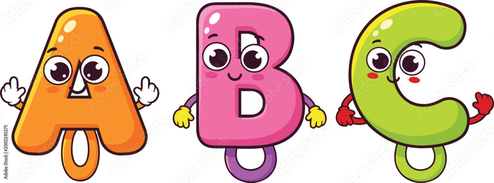 Fototapeta premium Cute Cartoon Alphabet Letters A, B, and C with Smiling Faces for Kids Learning and Educational Design