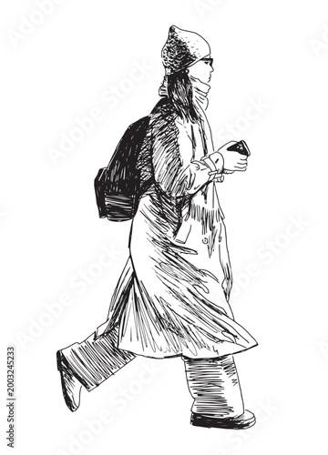 One casual modern city girl with smartphone, backpack walking outdoors, realistic sketch, profile, vector hand drawing isolated on white background