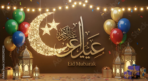 Eid mubarak greeting card with crescent moon and lanterns