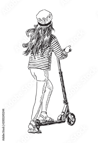One little girl riding scooter on summer day, back view, realistic sketch, vector hand drawing isolated on white background