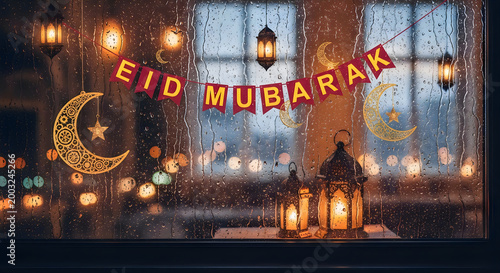 Eid mubarak banner with crescent moon and glowing lanterns