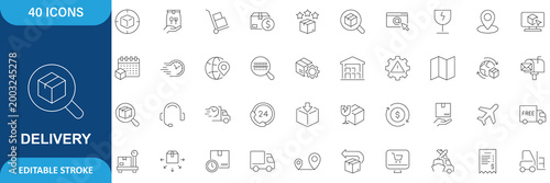 Delivery Icon Set. Containing Shipping, Courier, Logistics, Package, Truck, Transport, Express, Service, Distribution, Warehouse, Supply Chain and more. Line Icon. Editable Stroke. Vector Illustration