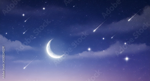 Crescent moon and falling stars in the night sky