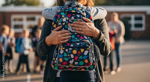 A mother hugging her child before school, showing a loving farewell with a colorful backpack