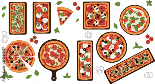 Variety of Pizza Designs Including Round, Rectangular, and Sliced Pizzas with Fresh Ingredients for Food Illustration