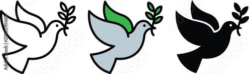 Dove with olive branch icon set. Peace and freedom symbol in outline, flat and solid style