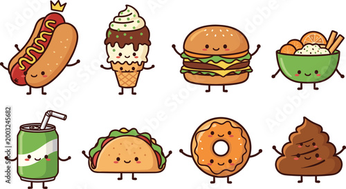 Cute Kawaii Food Characters Set with Hotdog, Ice Cream, Burger, Taco, Donut, Soda, Rice Bowl and Poop Emoji Mascots