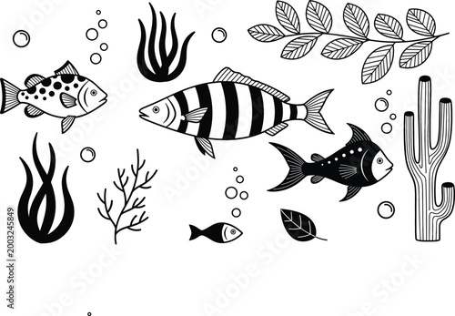 Black and White Illustration Set of Various Fish, Seaweed, Bubbles, and Cactus for Marine and Nature Designs