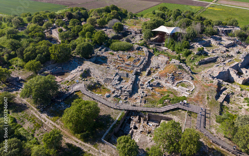 Aerial View of Ancient Troy Ruins Archaeological Site in Canakkale Turkey UNESCO World Heritage