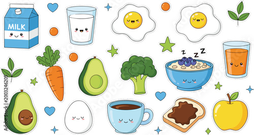 Cute Kawaii Healthy Food Sticker Set with Milk, Egg, Avocado, Broccoli, Carrot, Coffee, Oatmeal and Apple Characters