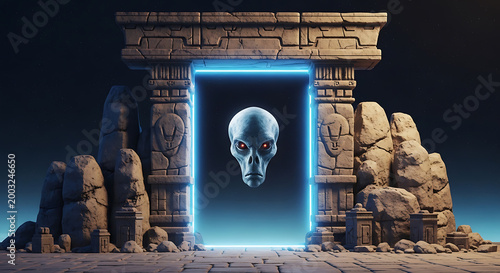 ancient stone portal with glowing alien head on transparent background high quality