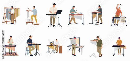 Fotografie Collection of flat vector illustrations depicting men playing various pitched percussion instruments including vibraphones, marimbas, xylophones, and tubular bells