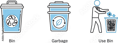 Waste Management and Recycling Vector Set Featuring Bins for Garbage, Recyclables, and Proper Waste Disposal Practices