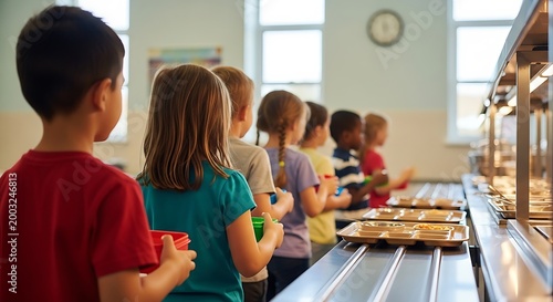 Diverse group of young children standing in line at a school cafeteria for lunch service