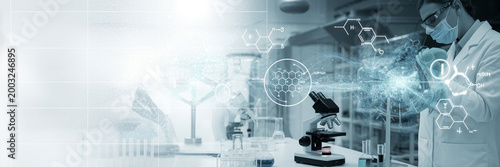 Obraz na plátne Professional laboratory environment with microscope and holographic chemical vis