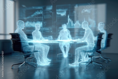 Business meeting with digital hologram figures sitting around table, futuristic technology, data analysis and teamwork in modern office environment.