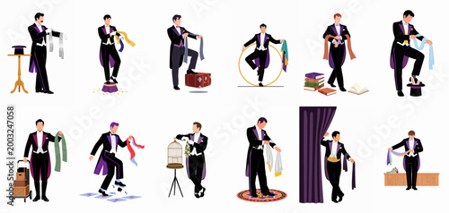 Set of diverse magician character illustrations performing classic magic tricks with various props including hats, scarves, and hoops on a white background.